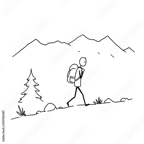 Stick figure hiker walking along a trail in the mountains  
