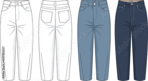 High waist pleated denim pants technical sketch, front and back view, fashion vector, garment drawing, jeans design, clothing flat template