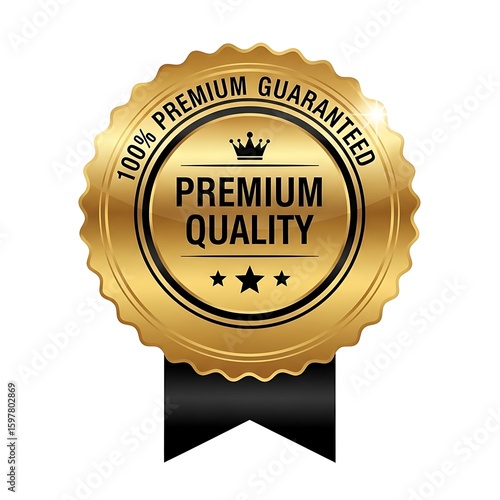 Premium quality gold badge with guaranteed seal and black ribbon