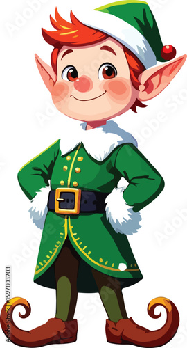 Cheerful cartoon elf with red hair and green outfit Christmas character Vector illustration EPS download