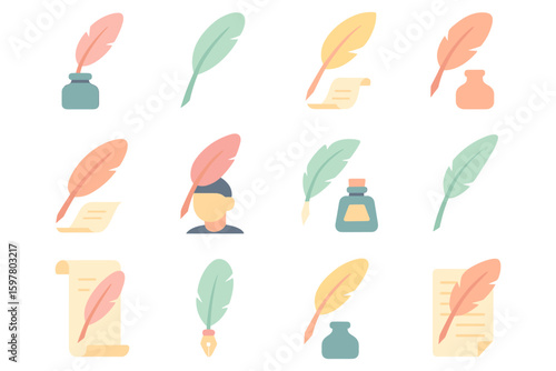 Creative writing tools vector illustration: puzzle and quill icons for design projects in flat style