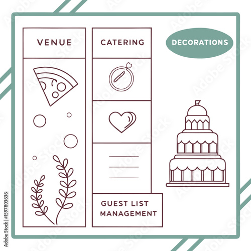 Illustration showing venue with pizza and plants, catering with heart and cake for decorations event