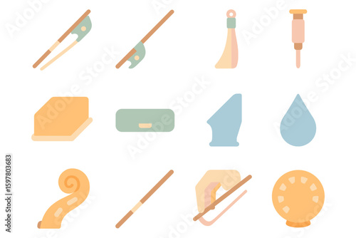 Musical instrument accessories: violin bow vector illustration icons set in flat style for design