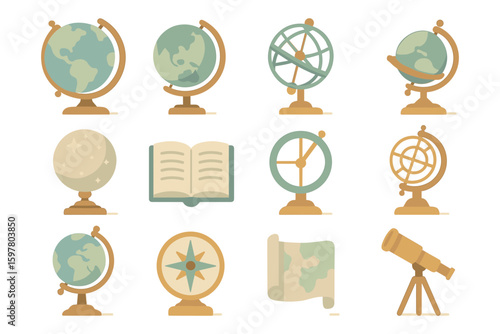 Antique globe collection: vector illustration of vintage world map icons for educational and design use