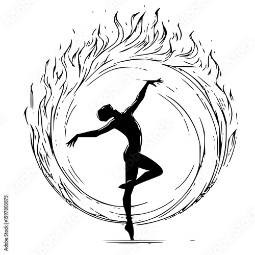 Silhouette of a ballerina performing a dance inside a circle of flames in black and white style art