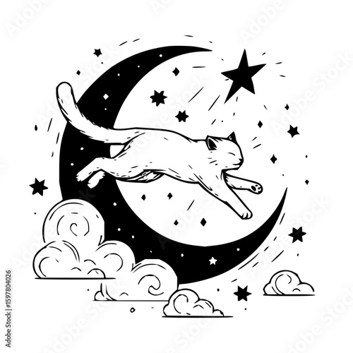 A whimsical drawing of a cat leaping over a crescent moon surrounded by stars and fluffy clouds