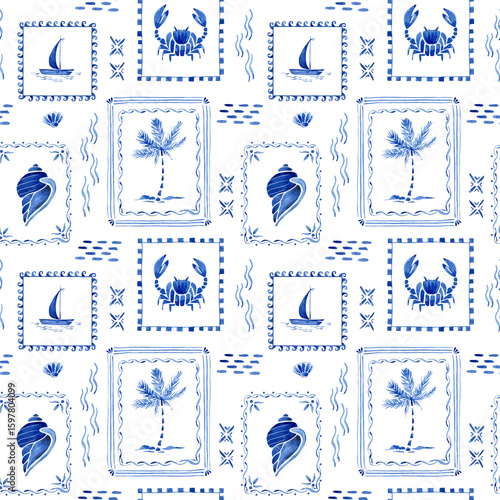 Seamless watercolor pattern in blue tones with sea motifs. With sailboats, crabs, shells, palm trees and decorative borders. 