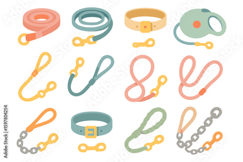Pet accessories flat vector illustration: collars leashes collection for design projects