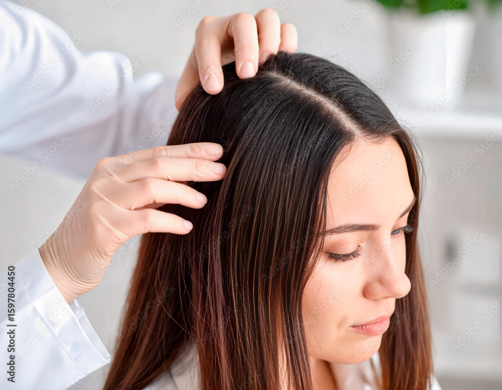 Fototapeta premium Doctor examining woman scalp hair loss dermatology consultation