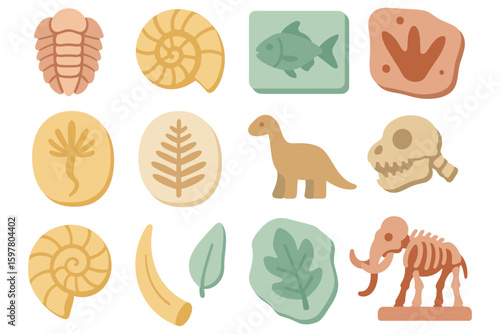 Prehistoric creature and fossil collection vector illustration - perfect for educational posters or children's print designs in flat style