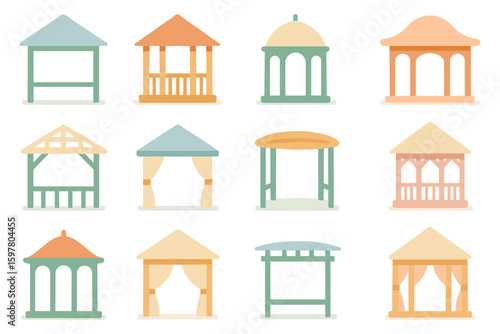 Flat vector illustration of gazebo designs for architecture and outdoor decor