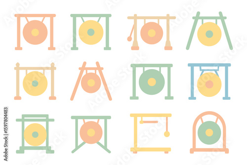 Minimalist gong vector illustration - asian musical instrument icons for creative design, flat style