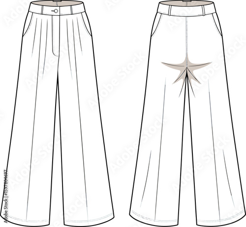 Wide-leg trousers fashion design sketch, pleated pants with star patch layout, cad drawing flat vector illustration, garment template icon