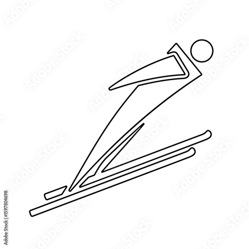 Men's ski jumping line icon, black outline isolated on white. Ski jumper athlete in flight, ramp jumping, minimalist contour clipart. Vector or png sign for sport design, winter games illustration.