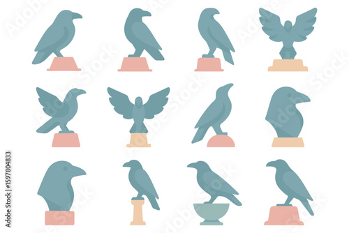 Bird statues collection: flat style vector illustration for design and decor