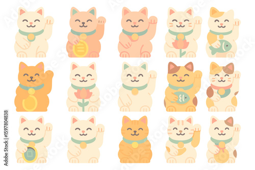 Cute maneki neko cats vector illustration for lucky decor design in pastel flat style