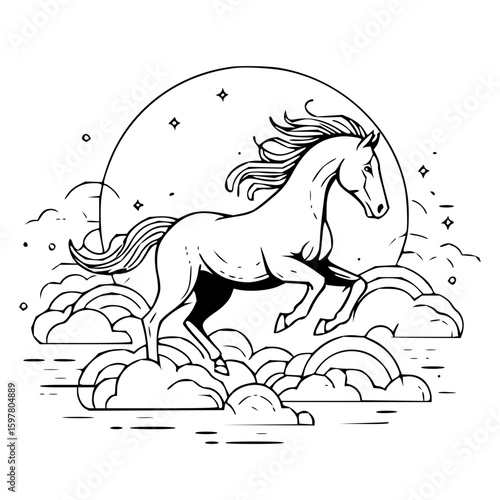 Horse prancing through clouds with moon and stars in a black and white outline drawing style image