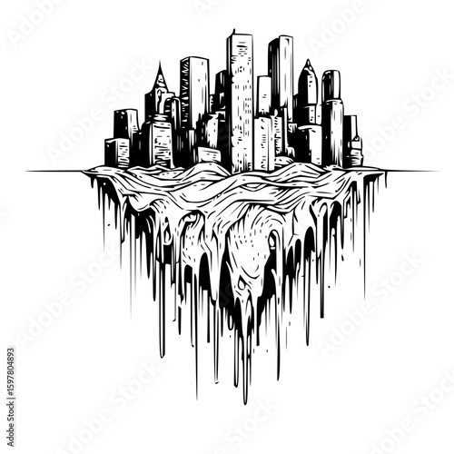 A black and white illustration of a city skyline atop a melting or dripping structure below it