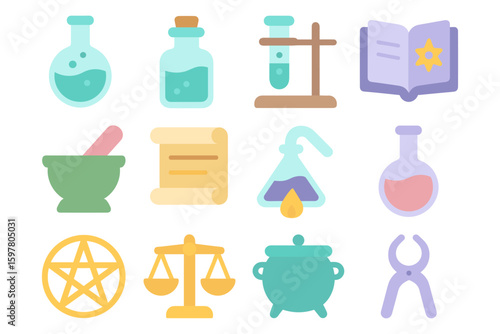 Alchemy and witchcraft symbols vector illustration in flat style for educational and print design