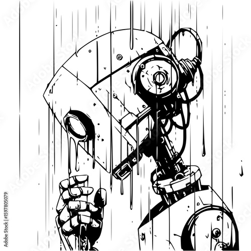 Illustration of a melancholic robot in the rain with dripping liquid and mechanical details visible clearly