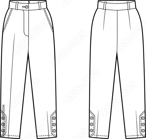 CAD drawing flat vector illustration of high waist pants front and back, fashion technical sketch, apparel design template