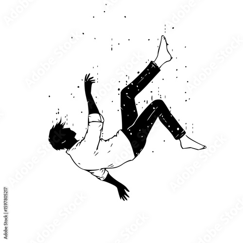 A monochrome drawing of a man falling upwards with stars around him in a white background style art