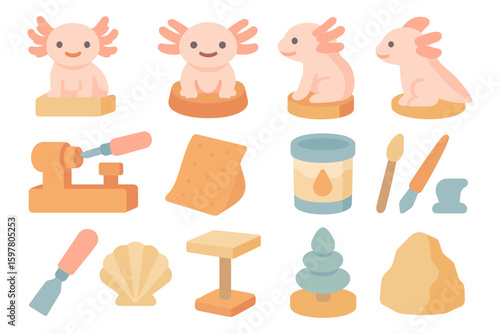 Cute axolotl craft workshop vector illustration for kids' educational design in flat style