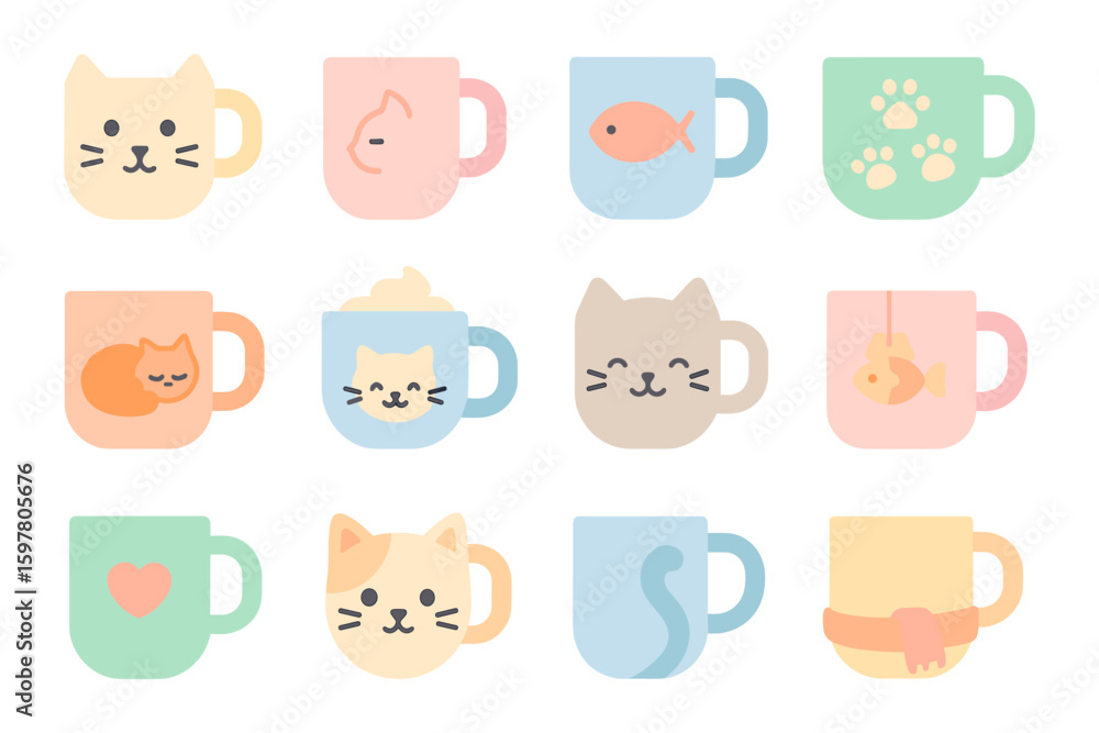 Obraz premium Cute cat mug collection vector illustration for coffee lovers - flat style design for merchandise or print