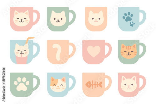 Cute cat mug vector illustration for cafe decor and merchandise design in flat style