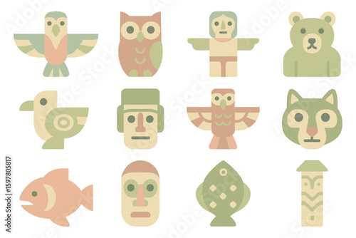 Flat style vector illustration of tribal animal totem symbols for decorative design
