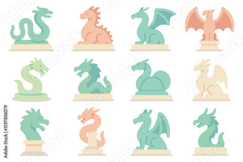 Fantasy dragon chess pieces vector illustration - flat design for game concept