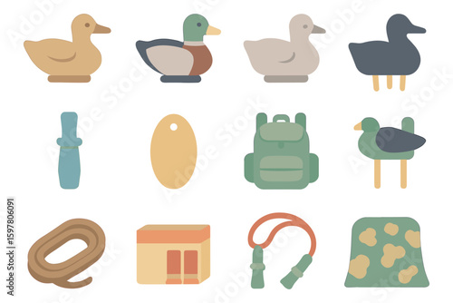 Flat style ducks and hiking gear vector illustration for outdoor adventure design