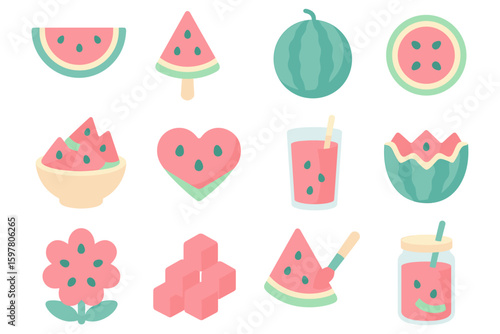 Watermelon vector illustration collection: summer fruit icons in flat style for seasonal designs
