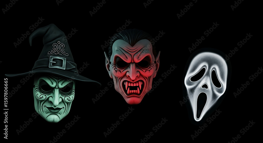 Three halloween masks witch vampire and ghost face arranged on a black background for a spooky display Three halloween masks witch vampire and ghost face arranged on a black background for a spooky display