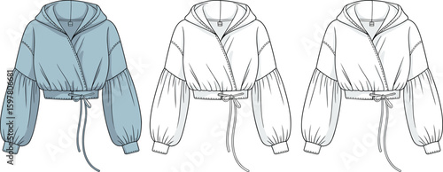 Cropped hoodie fashion sketch with drawstring detail, cad drawing flat vector illustration, garment layout design, stylish clothing template icon