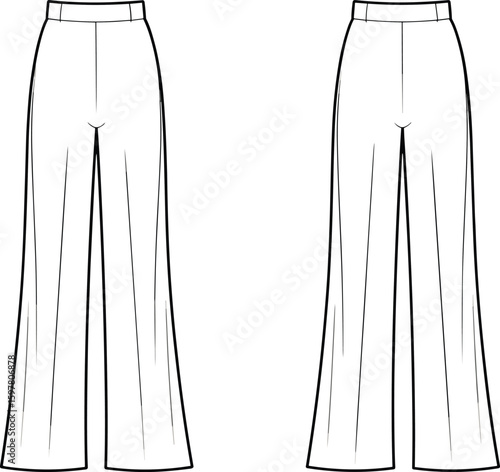 cad drawing flat vector illustration of high waist wide leg pants technical fashion sketch with waistband front and back view