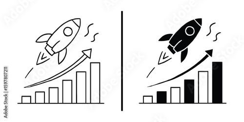 Rocket Ship and Chart: a graphic depicting the upward trajectory of success through a rocket ship soaring above a bar graph, representing growth and progress.