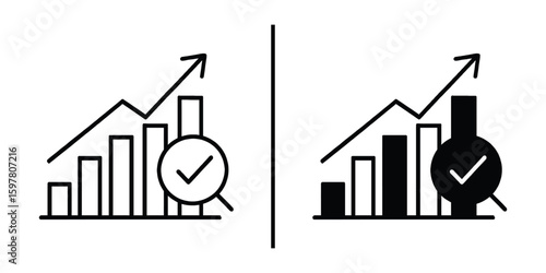 Progress Report Icons: Minimalist monochrome icons depict a successful business performance, with upward trending bar graphs and a checkmark symbol signifying achievement and growth.