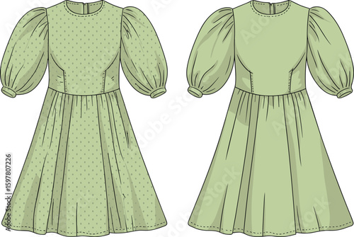 Vintage puff sleeve dresses illustration, polka dot and solid color sketch, cad drawing flat vector illustration, fashion design layout icon