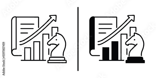 Strategic Data: A visual representation of strategic data with a graph depicting growth, alongside a knight chess piece to symbolize strategy and planning. 