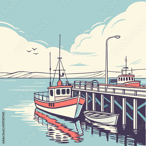 Boats docked at pier with calm water and distant hills harbor reflection