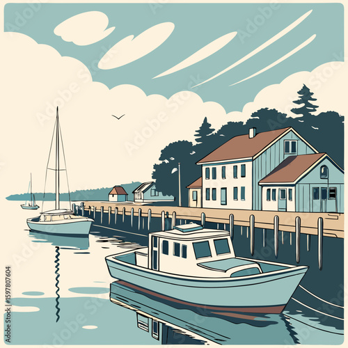 Coastal village scene with boats docked at a pier harbor buildings