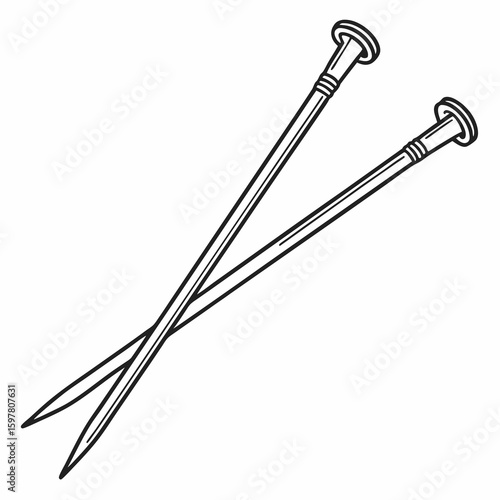 Two crossed knitting needles with ribbed stoppers straight needles crafting