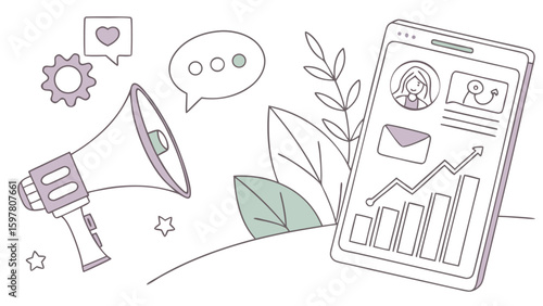 Illustration of a smartphone displaying a growth chart, a megaphone, and various social media icons around it