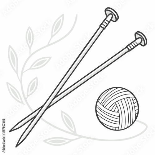 Knitting needles and yarn ball with floral elements wool