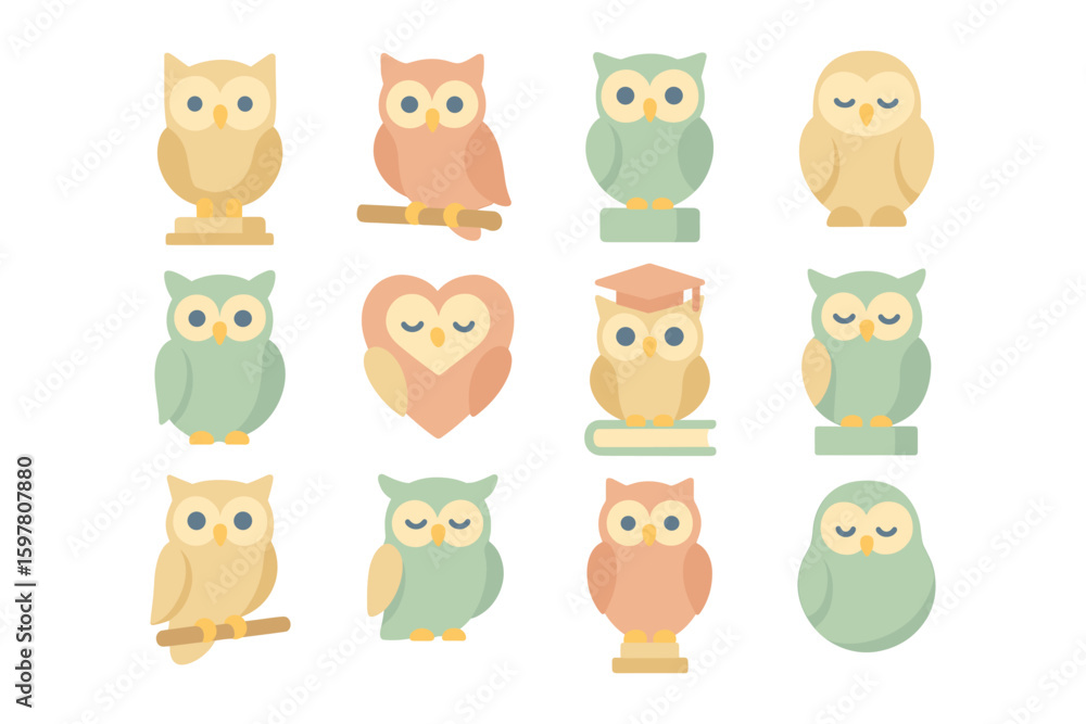 Obraz premium Charming owl character set vector illustration for cute animal designs in flat style