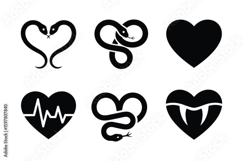 Black heart shapes with snakes and medical symbols love