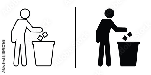 Trash Disposal Icons: Symbolic illustration of a person disposing of waste, highlighting responsible waste management and environmental consciousness. 