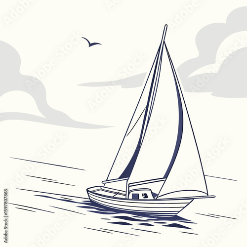 Sailboat sailing on calm water with bird flying above waves
