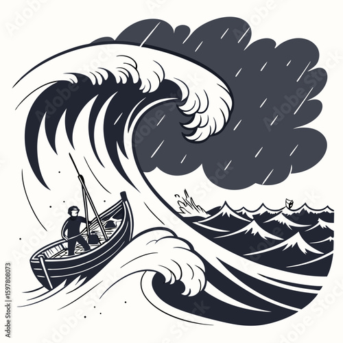 Lone sailor battling immense ocean waves during a tempest storm boat